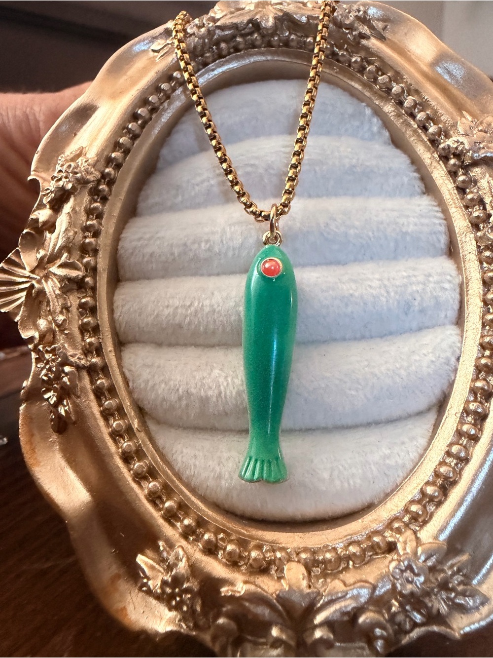 Green Fish Pendant Necklace with Red Accent - Brand: